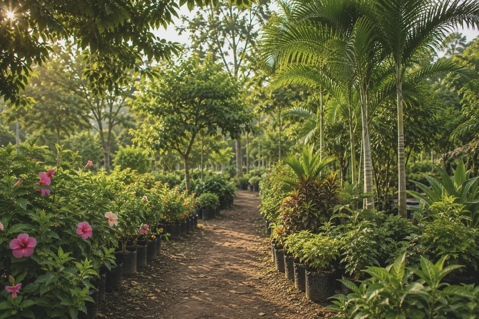 Path through plant beds at NVK Nursery in Kadiyam
