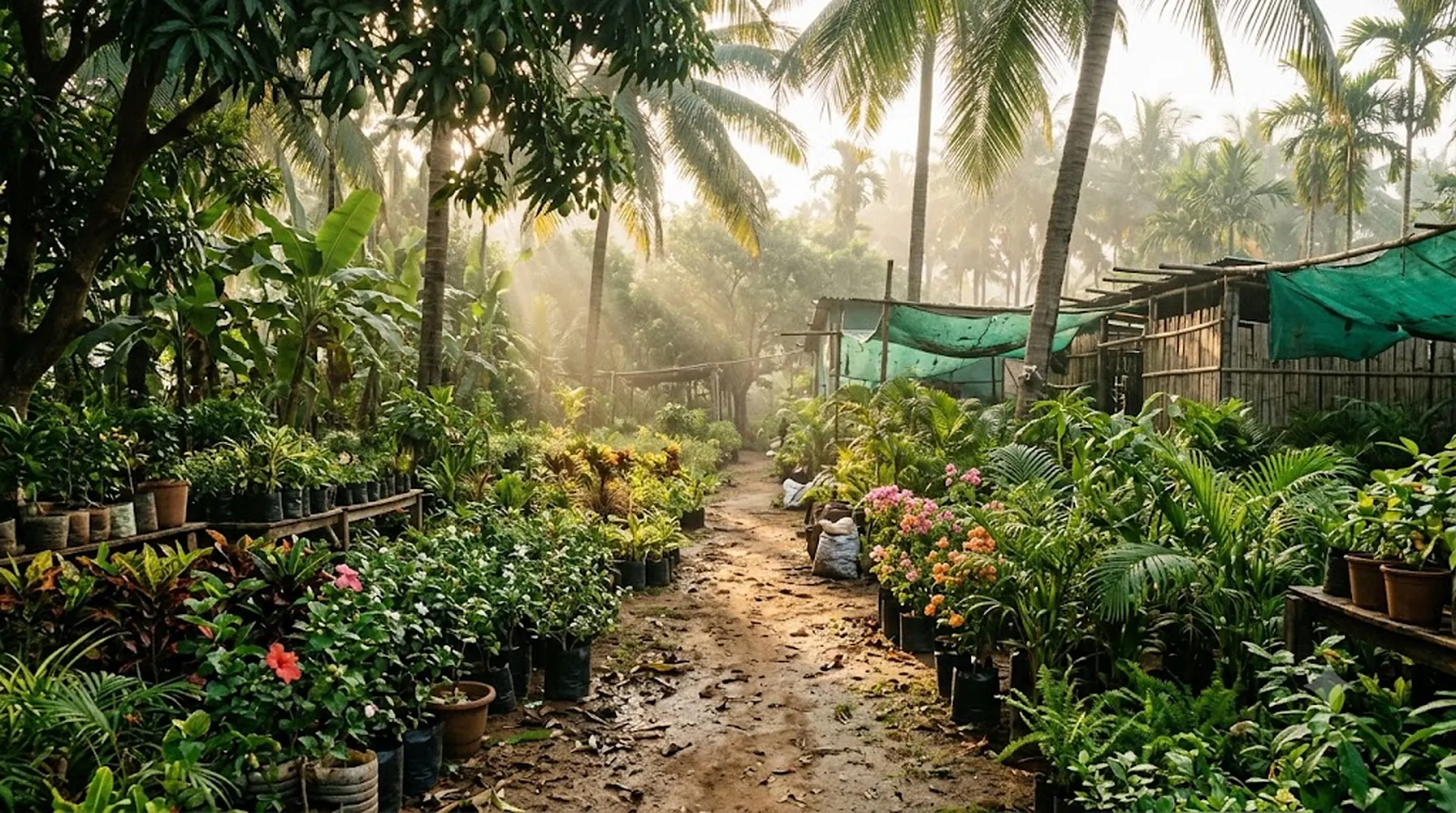 Nursery plants prepared for garden setup and landscaping